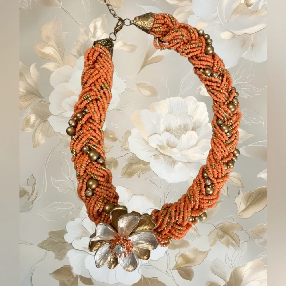 #764 Orange Beaded Statement Flower Necklace | Signed ✴️ Chunky Funky‎ & Bold ✴️